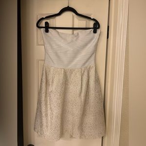 Erin by Erin Featherson beige and gold cocktail dress.